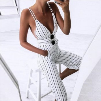 Striped Summer Jumpsuit Sleeveless Strappy High Waist Ladies Clubwear Deep V Neck